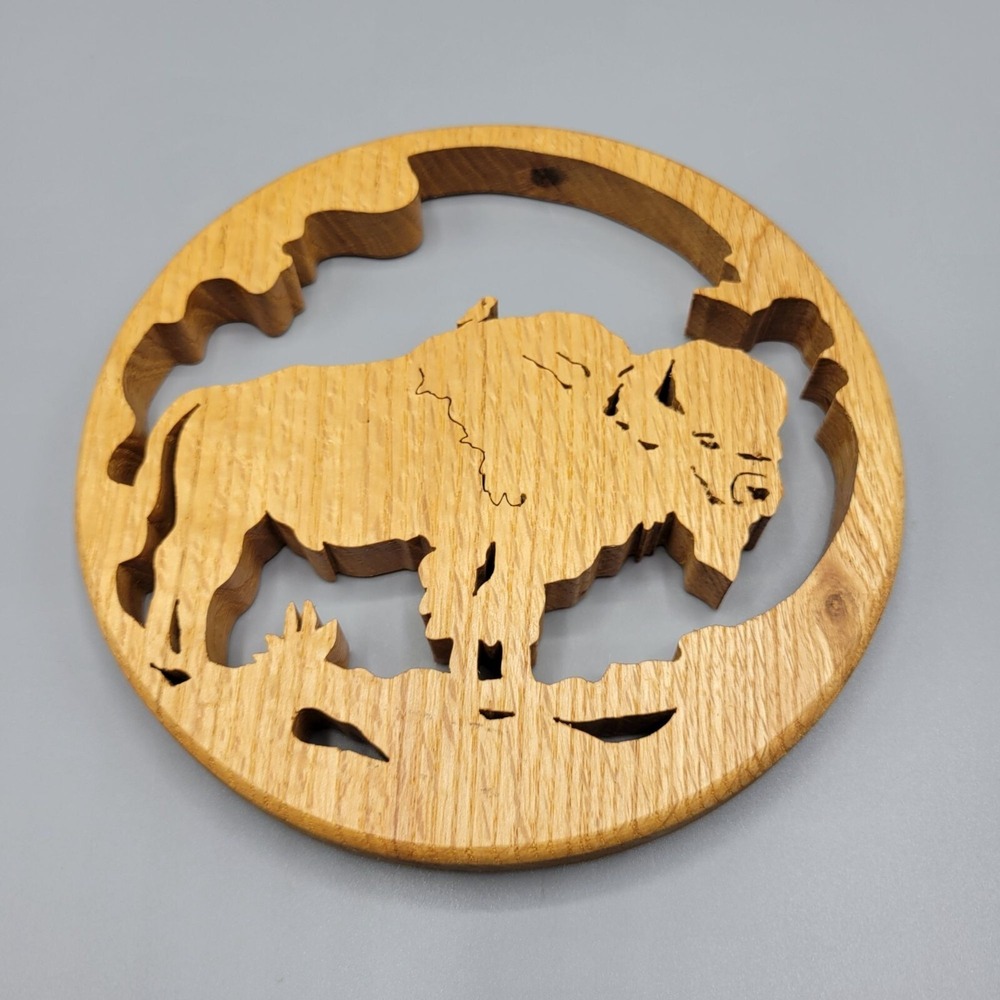 Buffalo Scene Handcrafted Wooden 3D Oak Wood Circular Wall Art Trivet Decor - Picture 1 of 10